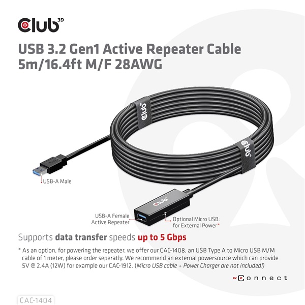 Club 3D kábel - CAC-1404 (3.2 USB-A, Active Repeater, 5Gbps, 5m)