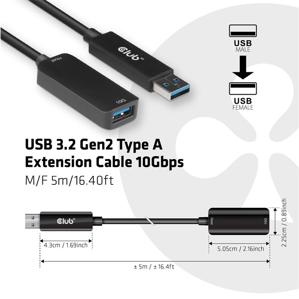 Club 3D kábel - CAC-1411 (3.2 USB-A 10 Gbps, M/F, 5m)