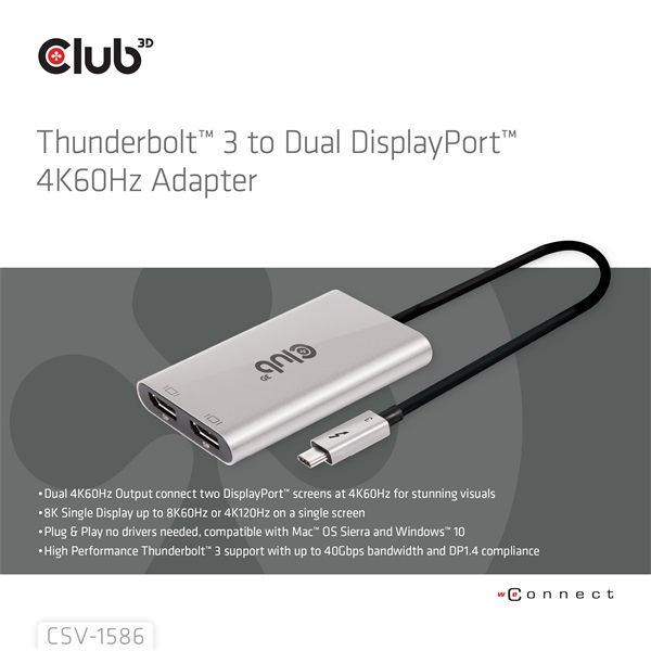 Club 3D Video Splitter - CSV-1586 (Thunderbolt 3 to Dual DisplayPort, 40Gbps, 4K60Hz)