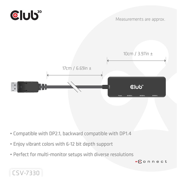 Club 3D Átalakító - CSV-7330 (DisplayPort 2.1 to 3xHDMI, 8K60Hz, HDR, HDCP 2.3, HPD, ALT mode)