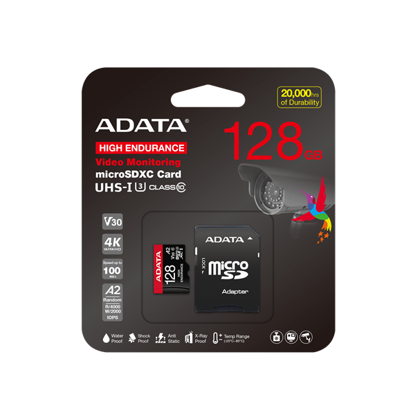 ADATA MicroSD kártya - 128GB microSDXC UHS-I U3 Class10 A2 V30S High Endurance (R/W: 100/85 MB/s, 24/7 record) + adapter