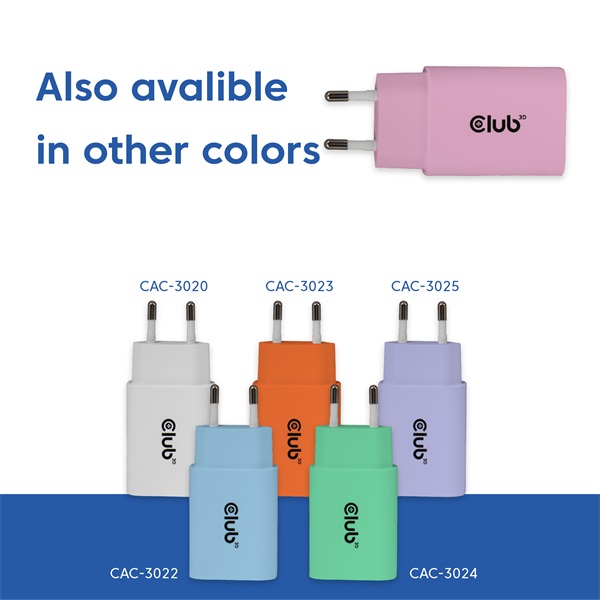 Club 3D Hálózati Adapter - CAC-3021 (2db/csomag, 30W USB-C, PD3.0, túltöltés védelem, kicsi méret, pink)