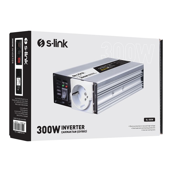 S-Link Inverter - SL-300W (1 Schuko, szivargyújtó, 300W, DC12V-AC230V fekete)