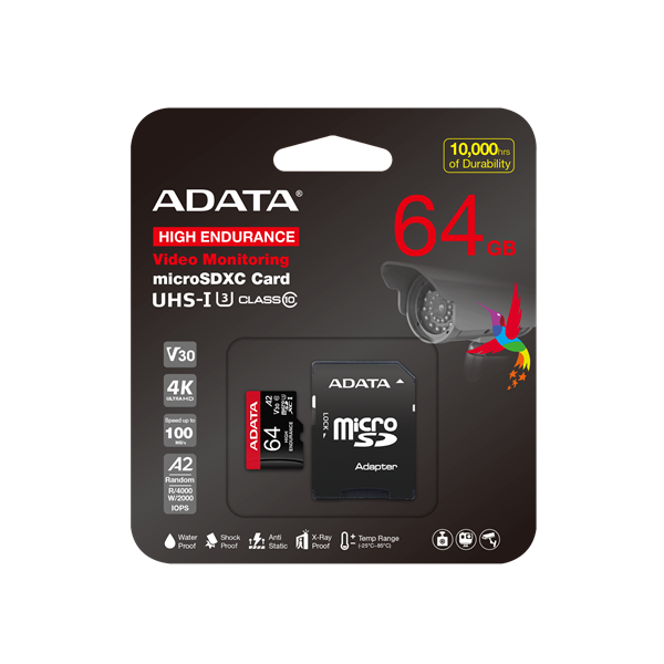 ADATA MicroSD kártya - 64GB microSDXC UHS-I U3 Class10 A2 V30S High Endurance (R/W: 100/80 MB/s, 24/7 record) + adapter