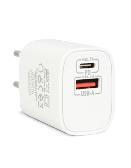 Delight Telefon töltõ  - 1db Type-C + 1db USB PD20W gyorstöltéssel, Fehér