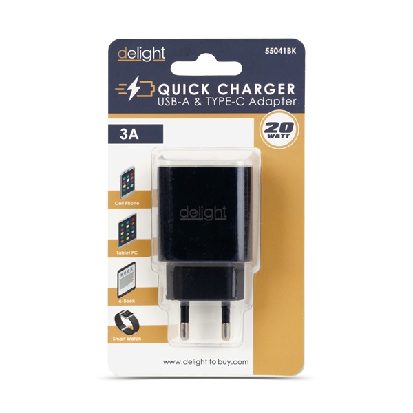 Delight Telefon töltõ - 1db Type-C + 1db USB PD20W gyorstöltéssel, Fekete
