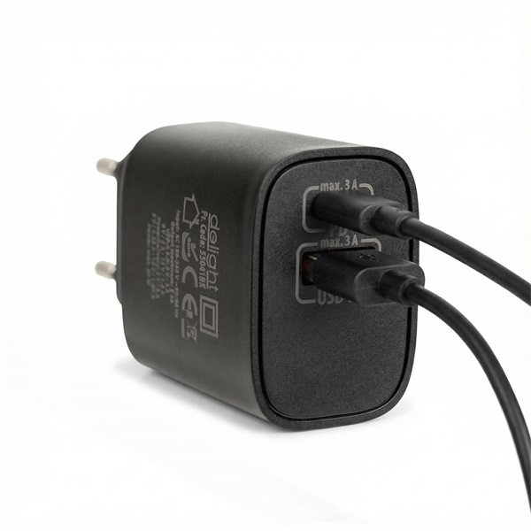 Delight Telefon töltõ - 1db Type-C + 1db USB PD20W gyorstöltéssel, Fekete