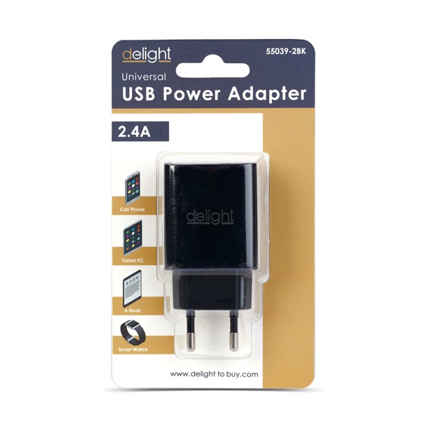 Delight Telefon töltõ - 2db USB, 5V/2,4A, Fekete