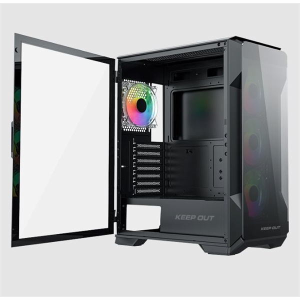KEEP OUT Számítógépház - XC-901 PRO (fekete, ablakos, 4x12cm ARGB venti, microATX, 1xUSB3.0, 1xType-C)