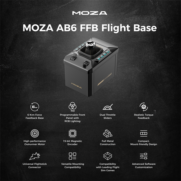 Moza Racing csomag - Flight AB6 Simulator szett (Direct Drive, 6Nm, 15bit, AB6 FFB Bázis, MHG Flightstick)
