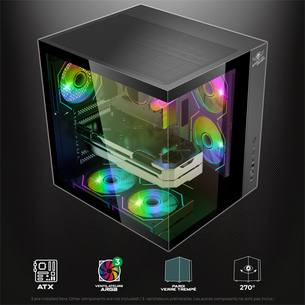 Spirit of Gamer Számítógépház - BANDIT GT (fekete, ablakos, 3x12cm ventilátor, alsó táp, ATX, 1x USB-C, 3x USB-A)