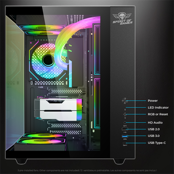 Spirit of Gamer Számítógépház - BANDIT GT (fekete, ablakos, 3x12cm ventilátor, alsó táp, ATX, 1x USB-C, 3x USB-A)