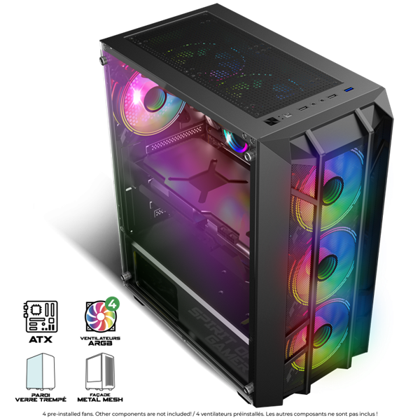 Spirit of Gamer Számítógépház - REBEL NX Black (fekete, ablakos, 4x12cm ventilátor, alsó táp, ATX, 1xUSB3.0, 2xUSB2.0)