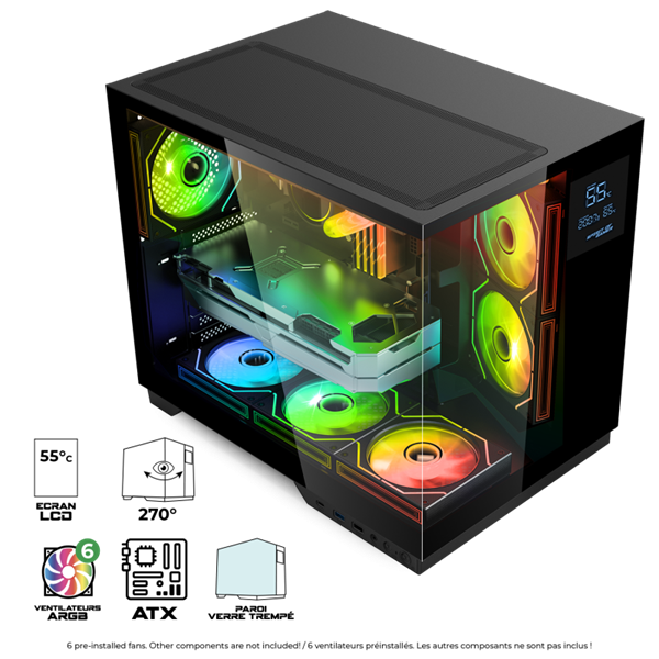 Spirit of Gamer Számítógépház - VIPER CRX Black (fekete, ablakos, 6x12cm ventilátor, alsó táp,  ATX, 1x USB-C, 2x USB-A)