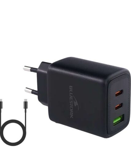 Bluestork Hálózati töltõ - PW-65-CCA-B (2xUSB-C, USB-A, 65W, 2m kábel, fekete)