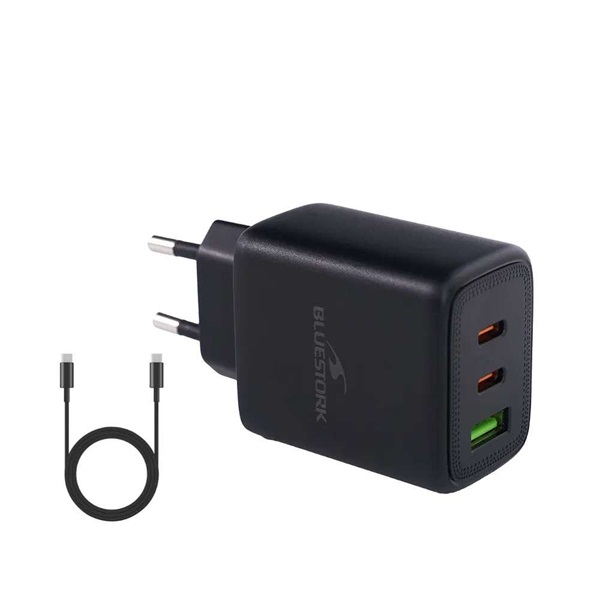 Bluestork Hálózati töltõ - PW-65-CCA-B (2xUSB-C, USB-A, 65W, 2m kábel, fekete)