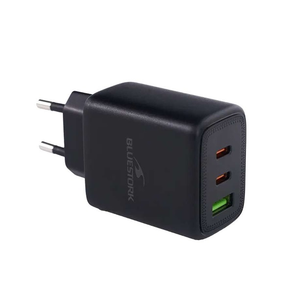Bluestork Hálózati töltõ - PW-65-CCA-B (2xUSB-C, USB-A, 65W, 2m kábel, fekete)