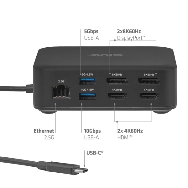 Club 3D Notebook Dokkoló - CSV-2542 (USB-C to 2x Displayport 8K60Hz + 2x HDMI™ 4K60Hz PD3.0 100Watt Ethernet 2.5G)