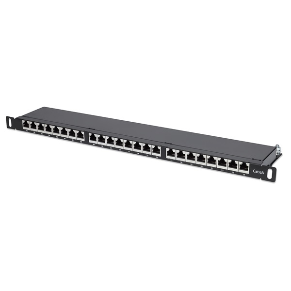 Manhattan Patch panel - CAT6A FTP árnyékolt patch panel, 24 portos, 19" 0.5U, Fekete