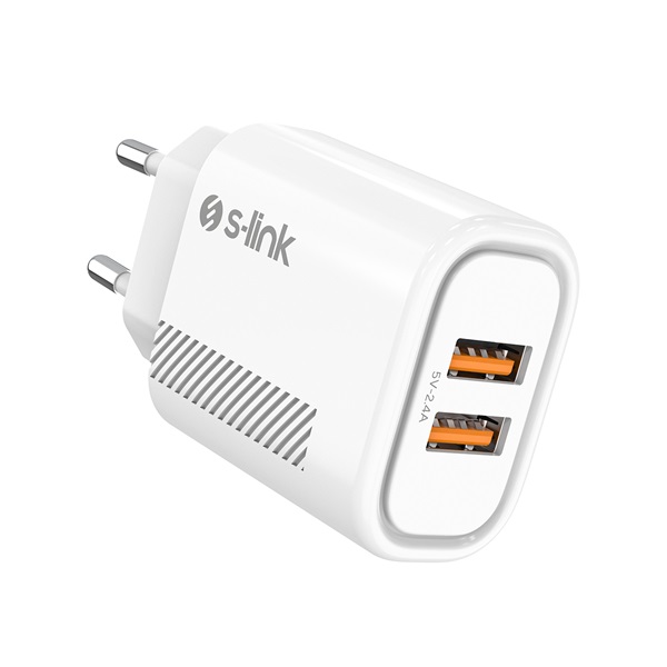 S-Link Hálózati töltõ - SL-EC50 (2xUSB, 5V/2.4A, 12W, Gyorstöltés, Micro-USB 100cm adat+töltõkábel, fehér)