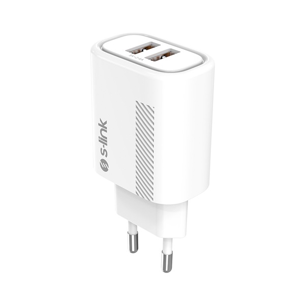 S-Link Hálózati töltõ - SL-EC50 (2xUSB, 5V/2.4A, 12W, Gyorstöltés, Micro-USB 100cm adat+töltõkábel, fehér)