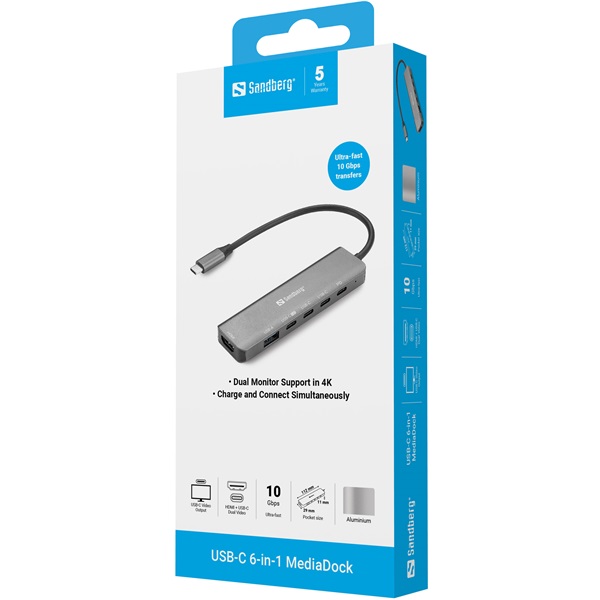 Sandberg Notebook Dokkoló - USB-C 6-in-1 MediaDock