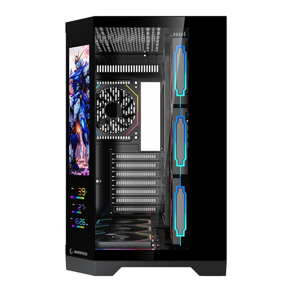 Rampage Számítógépház - NOVA V2 (fekete; üveg; ATX; 9,17" LCD kijelzõ, 7x120mm A-RGB, 1xUSB3.0 + 1xUSB-C)