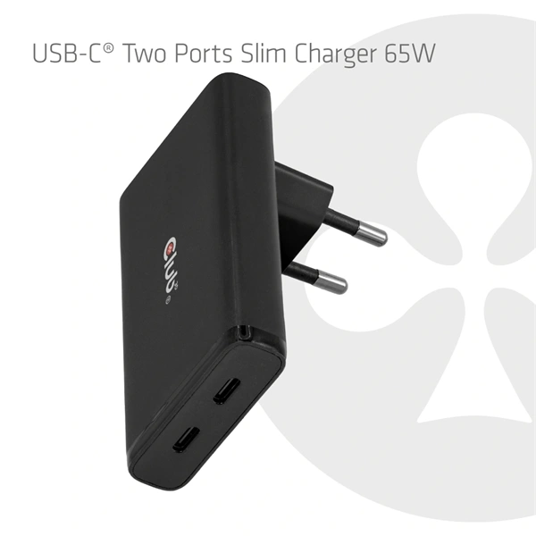 Club 3D Hálózati Adapter - CAC-1935 (65W 2xUSB-C, PD3.1, túltöltés védelem, kicsi méret, fekete)