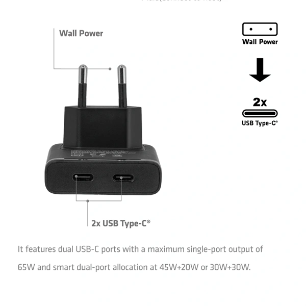 Club 3D Hálózati Adapter - CAC-1935 (65W 2xUSB-C, PD3.1, túltöltés védelem, kicsi méret, fekete)