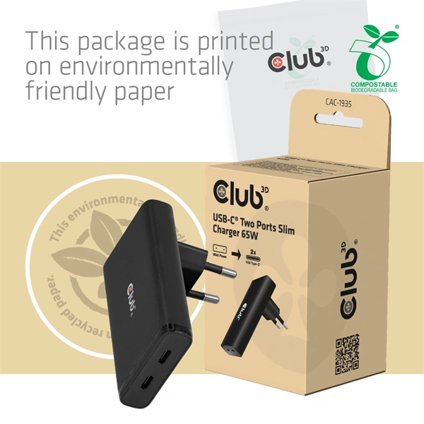 Club 3D Hálózati Adapter - CAC-1935 (65W 2xUSB-C, PD3.1, túltöltés védelem, kicsi méret, fekete)
