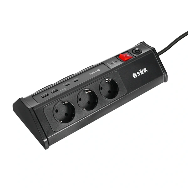 S-Link Túlfeszültségvédõ - PRZ03 (3m, 630 Joule, 2xUSB-A, 2xType-C, 2.4A/5V, 6000V, 6db schuko)