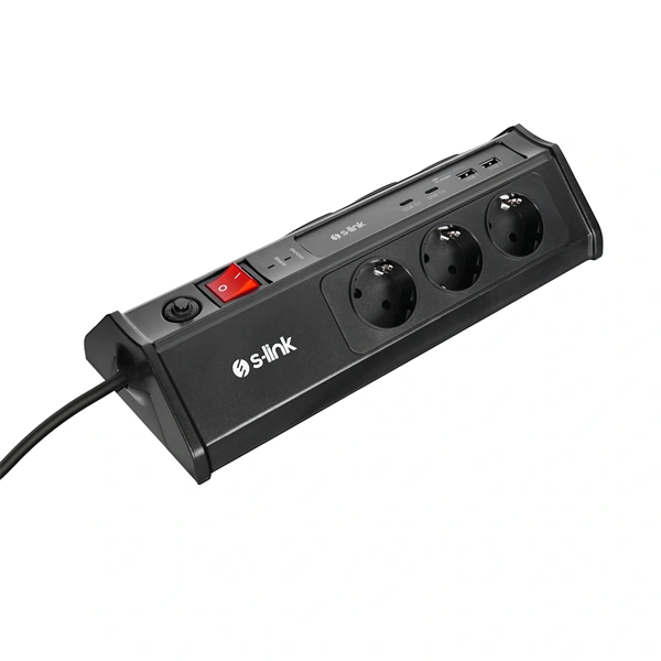 S-Link Túlfeszültségvédõ - PRZ03 (3m, 630 Joule, 2xUSB-A, 2xType-C, 2.4A/5V, 6000V, 6db schuko)