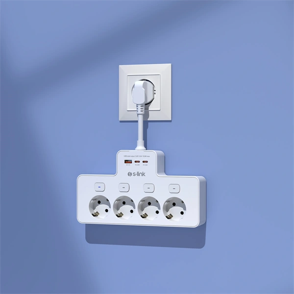 S-Link Túlfeszültségvédõ - PRZ08 (15cm, 210 Joule, USB-A, 2xType-C, 16A, 3.4A/5V, 3680W, 4db schuko, fehér)