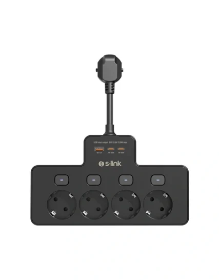 S-Link Túlfeszültségvédõ - PRZ08 (15cm, 210 Joule, USB-A, 2xType-C, 16A, 3.4A/5V, 3680W, 4db schuko, fekete)