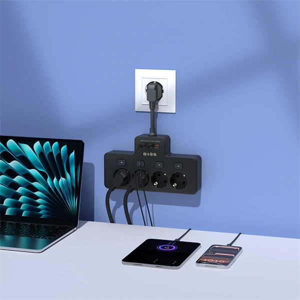 S-Link Túlfeszültségvédõ - PRZ08 (15cm, 210 Joule, USB-A, 2xType-C, 16A, 3.4A/5V, 3680W, 4db schuko, fekete)