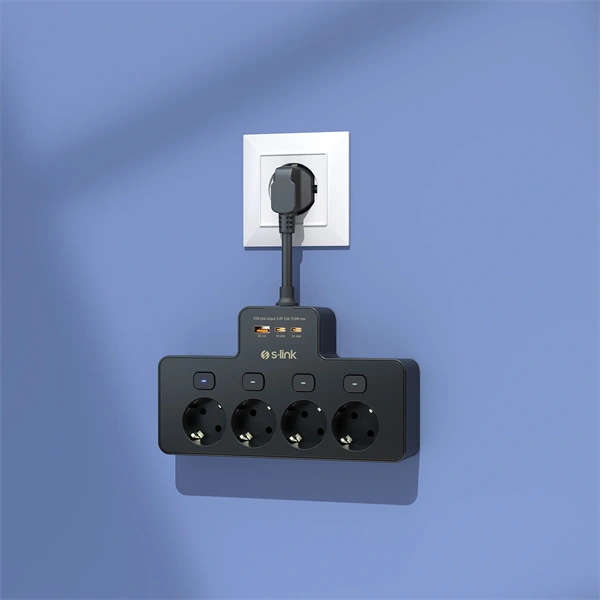 S-Link Túlfeszültségvédõ - PRZ08 (15cm, 210 Joule, USB-A, 2xType-C, 16A, 3.4A/5V, 3680W, 4db schuko, fekete)